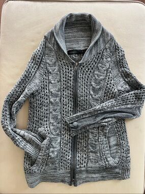 Gray Cable-Knit Zip Cardigan Sweater